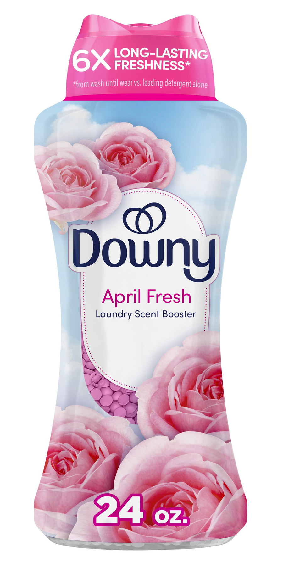 Single Downy April Fresh laundry scent booster bottle with pink roses and 24 oz callout on a white background