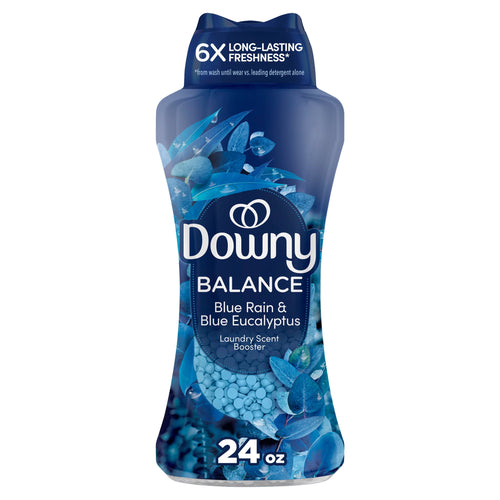 Tall blue Downy Balance laundry scent booster bottle labeled Blue Rain & Blue Eucalyptus with visible scent beads and 24 oz copy