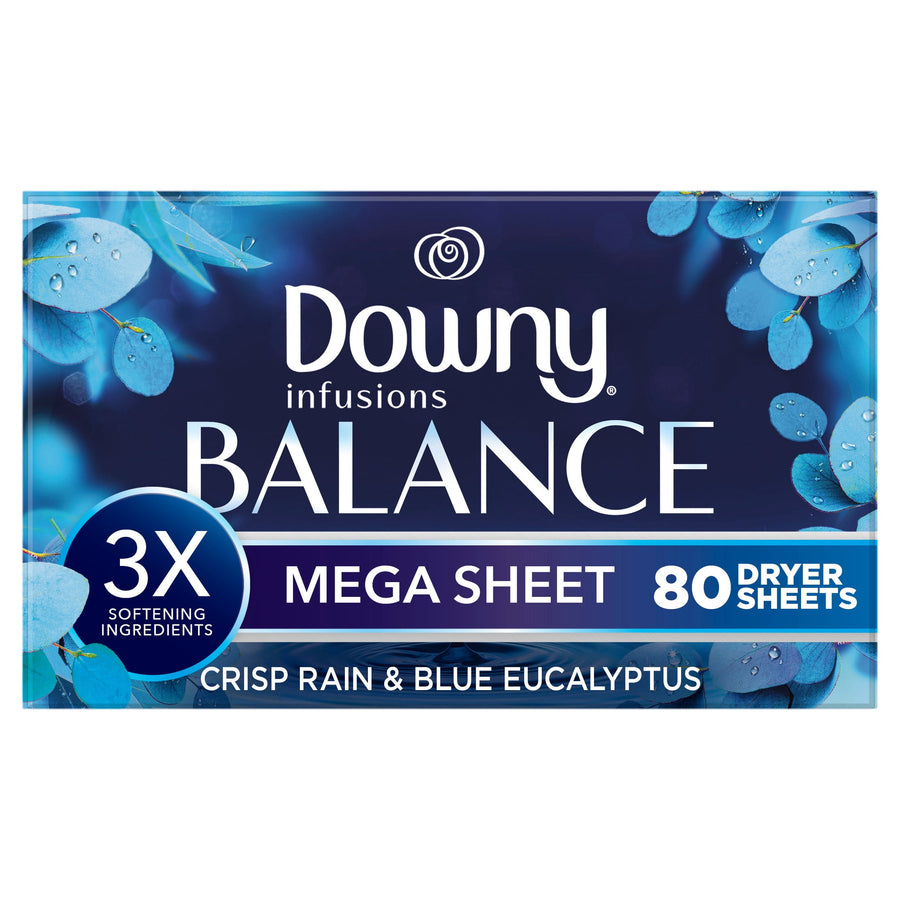 Front-facing pack shot of Downy Infusions BALANCE Mega Sheet box with blue eucalyptus graphics and 80 sheets callout.