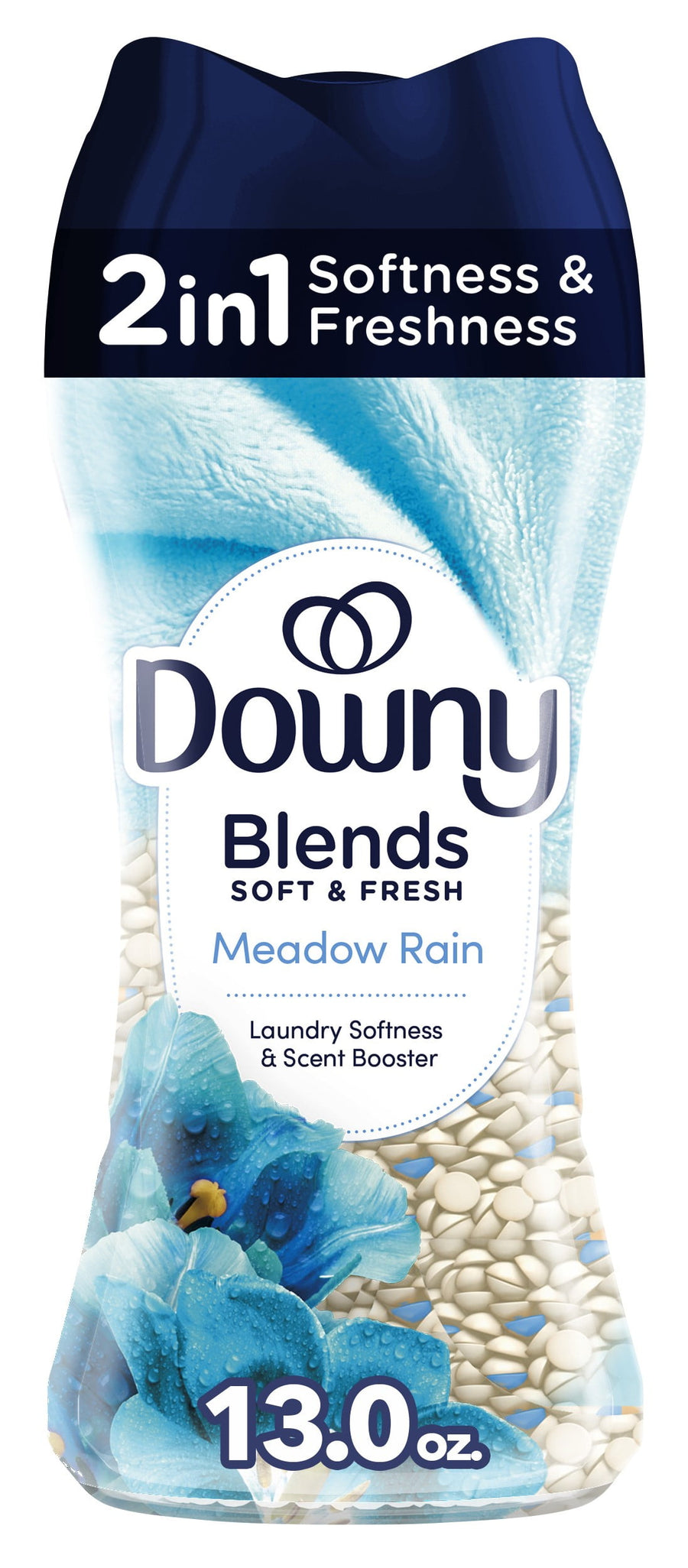 Tall bottle of Downy Blends Soft & Fresh Meadow Rain scent booster with blue floral graphics and visible white and blue beads