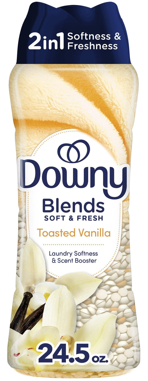 Close-up of a Downy Blends Toasted Vanilla scent booster bottle showing label, vanilla flowers and bead imagery