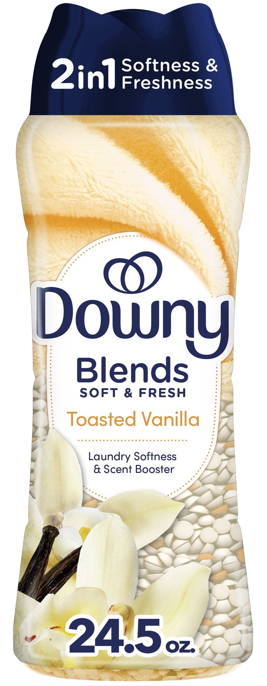 Close-up of a Downy Blends Toasted Vanilla scent booster bottle showing label, vanilla flowers and bead imagery