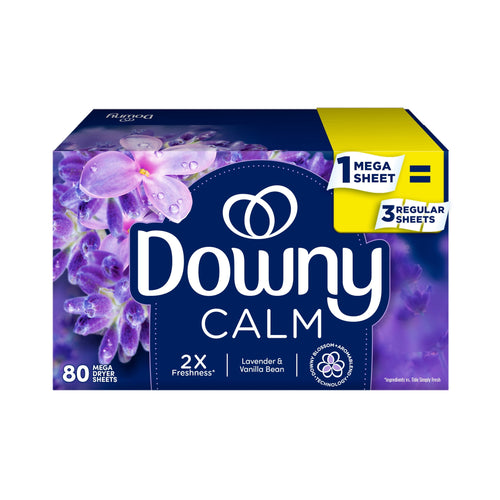 Box of Downy CALM lavender & vanilla bean mega dryer sheets with floral artwork and '80 mega dryer sheets' text