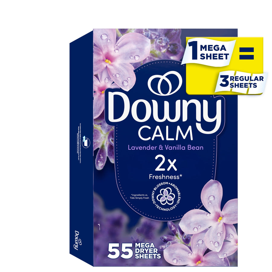 Front-facing Downy CALM lavender and vanilla bean mega dryer sheets box with floral artwork on a white background.