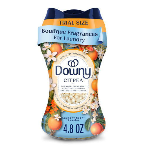 Front-facing Downy Citrea boutique botanicals scent booster bottle with floral and citrus label