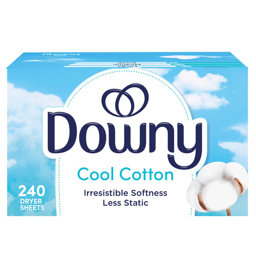 Close-up of a Downy Cool Cotton dryer sheets box with cotton graphic and 240 sheets callout.