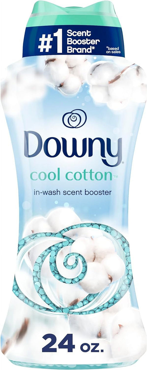 Tall bottle of Downy Cool Cotton in-wash scent booster with cotton graphics and 24 oz. label