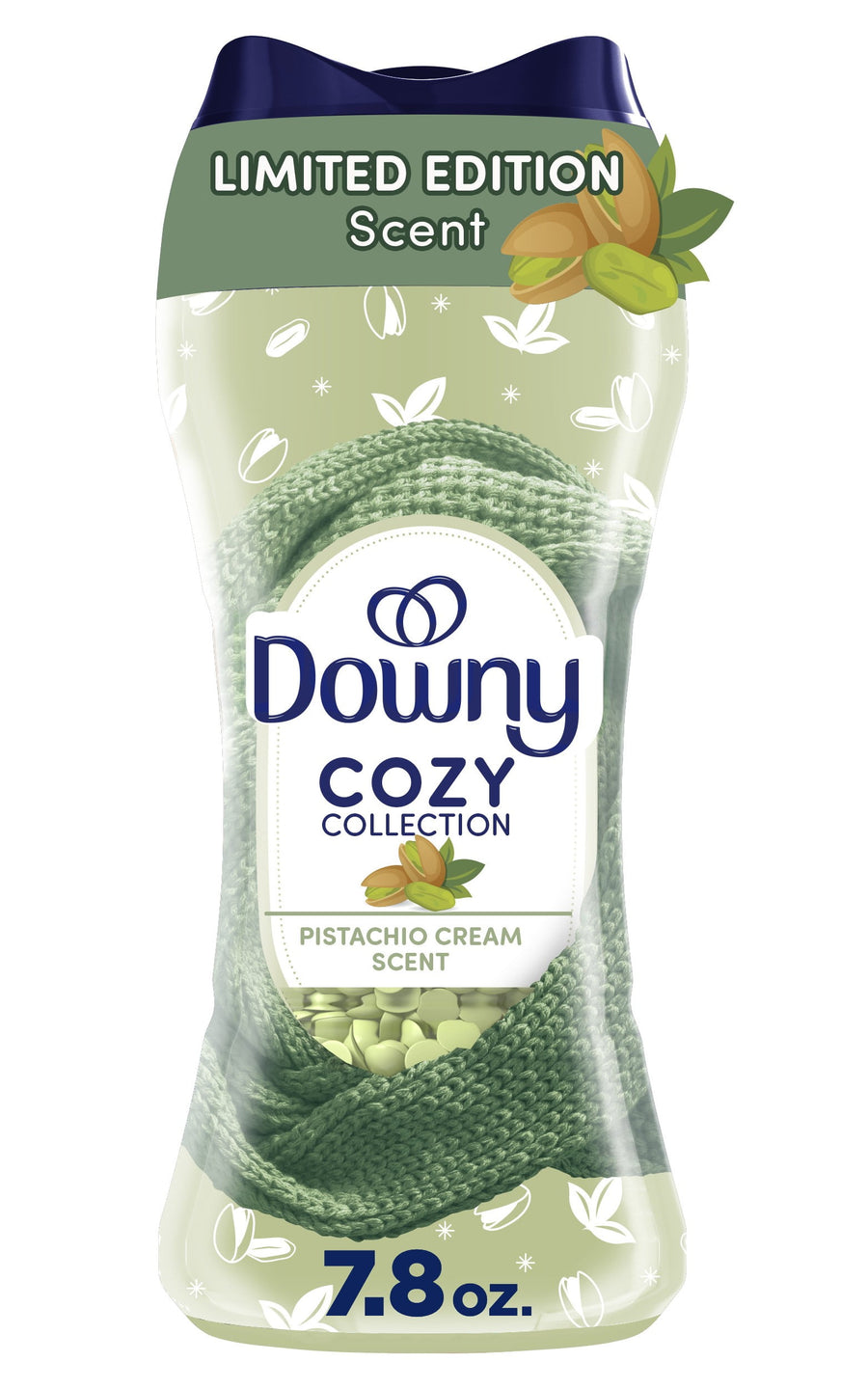 Tall Downy Cozy Collection pistachio cream scent bottle with green knit motif and visible pale green scent beads inside