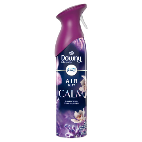 Single tall Downy Infusions Febreze Air Mist can labeled CALM, lavender & vanilla bean, with purple cap and floral graphics