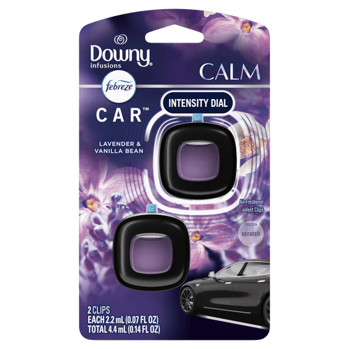Downy Infusions Febreze Calm car vent-clip package showing lavender & vanilla bean scent with two purple vent clips visible