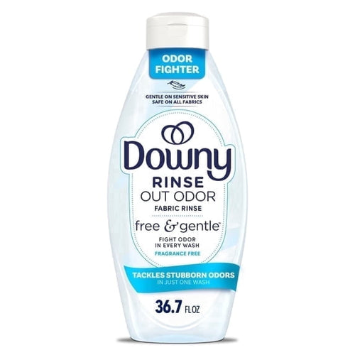 downy rinse out odor free & gentle fabric rinse, 36.7 fl oz bottle, front label