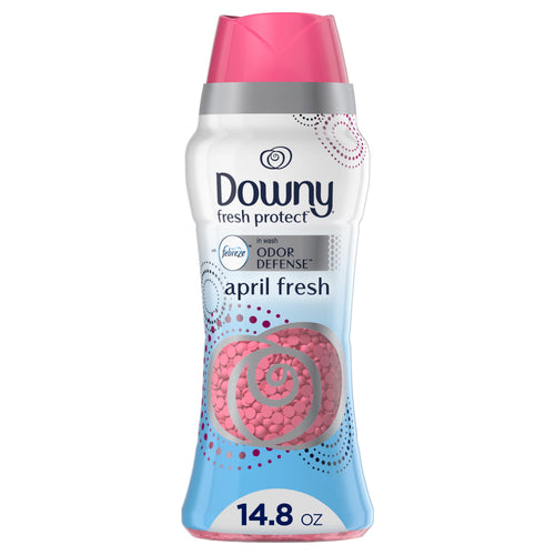 Tall Downy Fresh Protect scent booster bottle with pink cap and visible pink beads through window