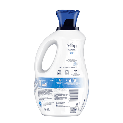 Back and side view of a Downy Gentle Ocean Mist fabric softener bottle showing usage instructions and barcode