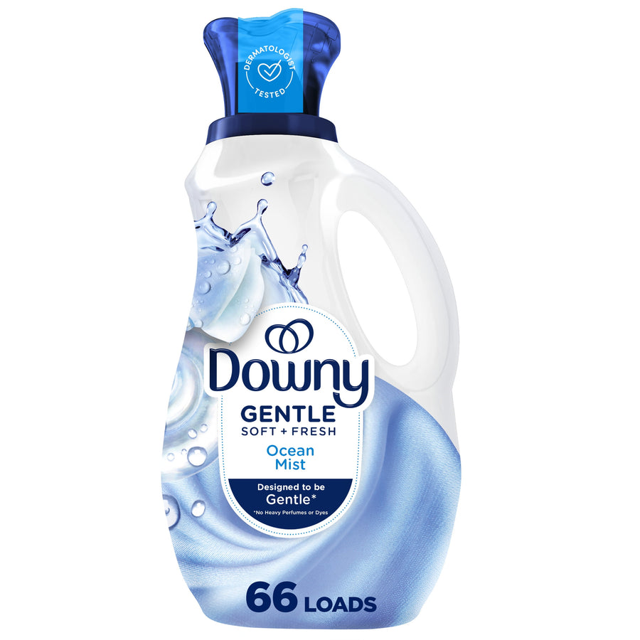 White and blue Downy Gentle Ocean Mist liquid fabric softener bottle, front label showing 66 loads and blue cap.