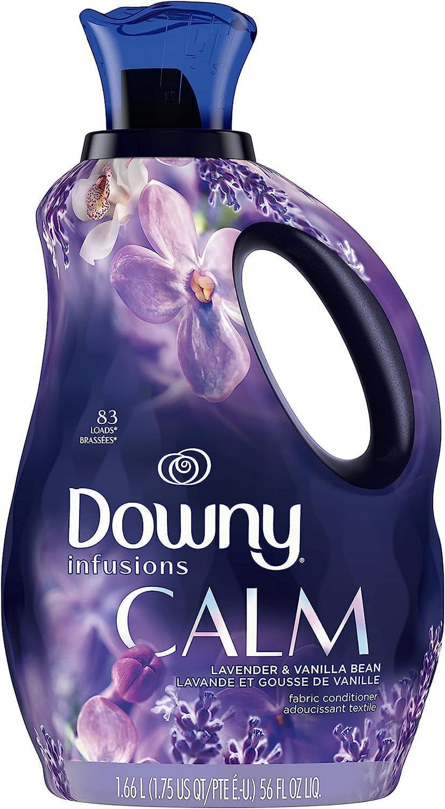 Close-up of a purple Downy Infusions Calm fabric softener bottle with floral graphics and handle