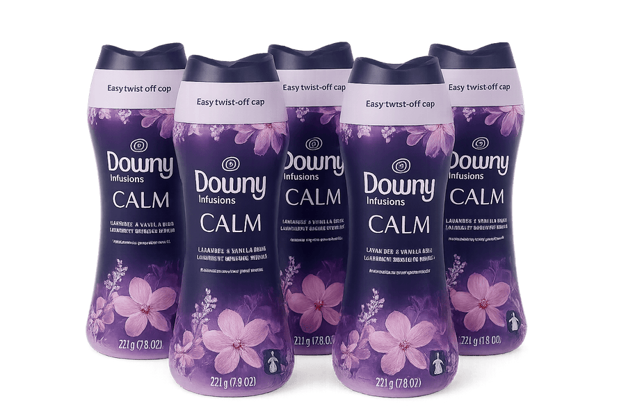 Six purple Downy Infusions Calm in-wash scent booster bottles grouped together with floral packaging artwork.