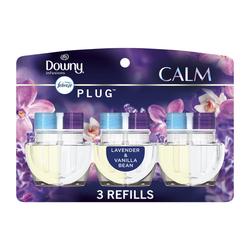 Retail blister pack of Downy Infusions Febreze Plug refill trio labeled Calm Lavender & Vanilla Bean