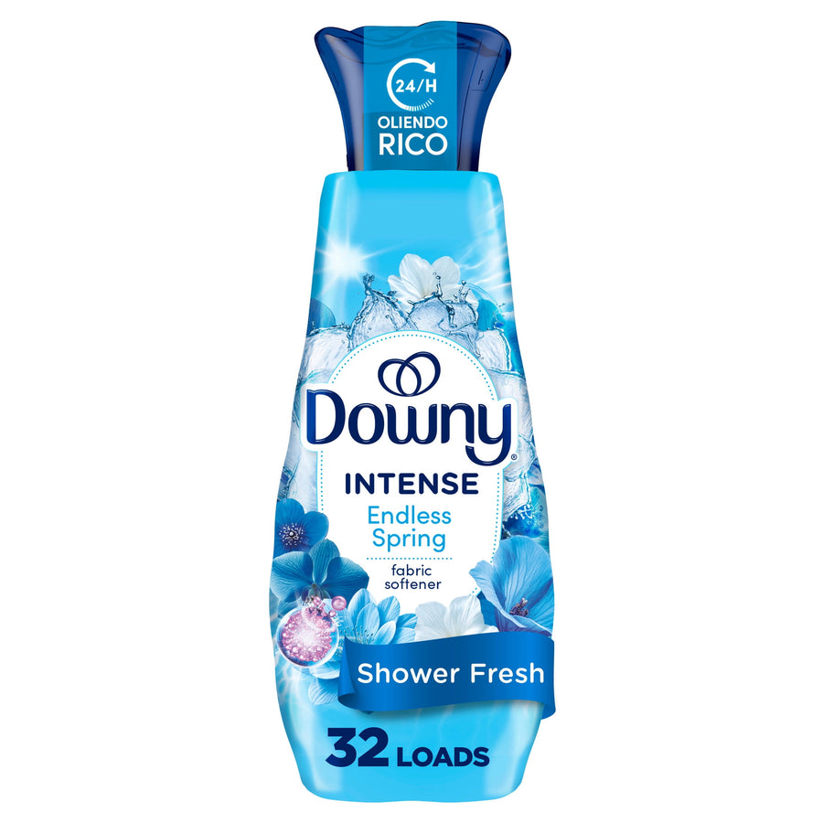 Tall blue Downy Intense Endless Spring fabric softener bottle with floral water graphics and '32 loads' label