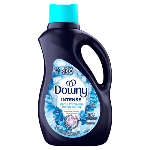 Dark navy Downy Intense bottle with turquoise cap and blue floral label for Endless Spring scent