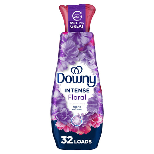 Single Downy Intense Floral fabric softener bottle with purple floral packaging and 32 loads label
