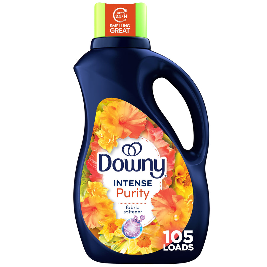 Dark blue bottle of Downy Intense Purity fabric softener with floral label and '105 loads' badge