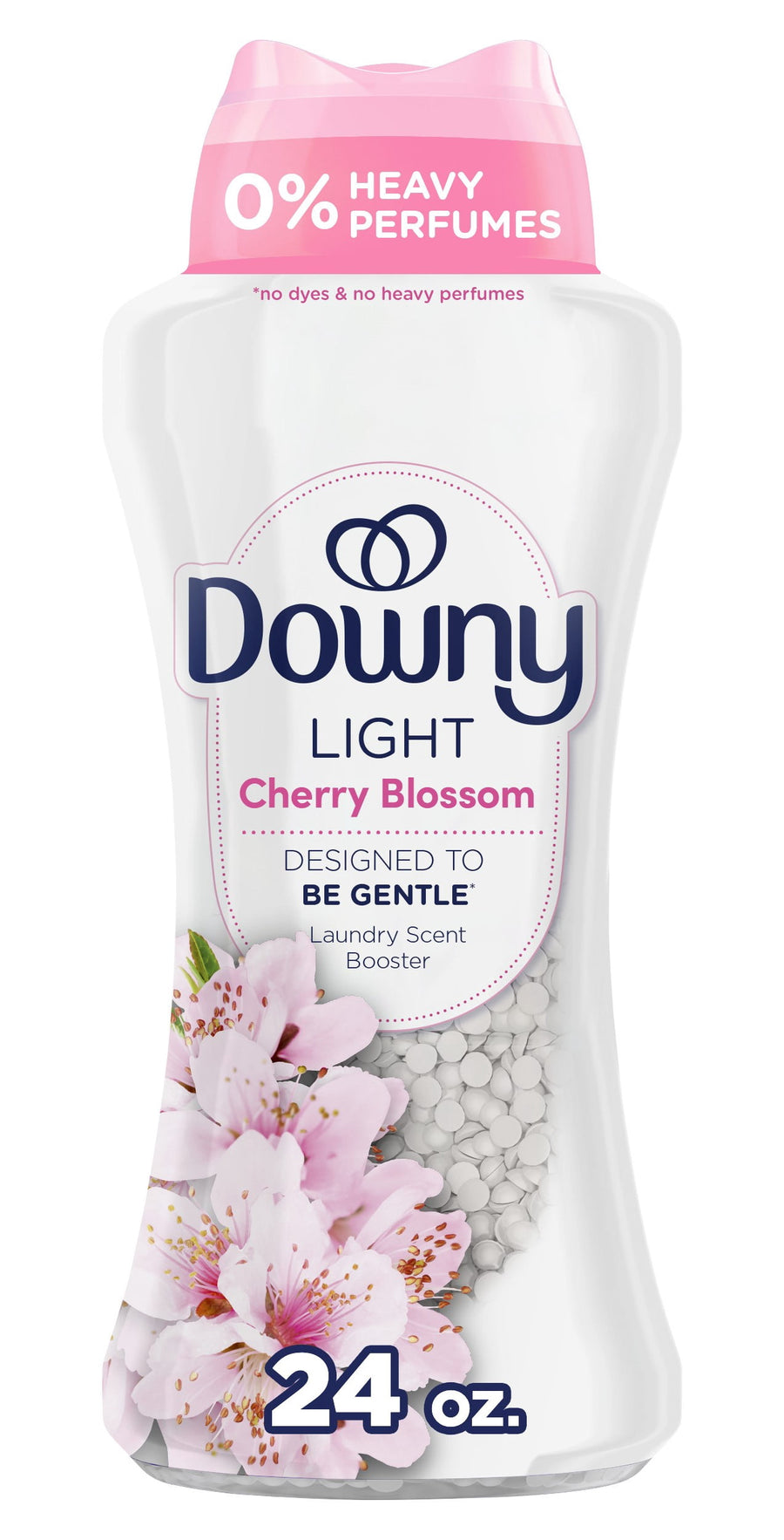 Close-up of a Downy Light Cherry Blossom scent booster bottle showing label, blossoms and white beads.