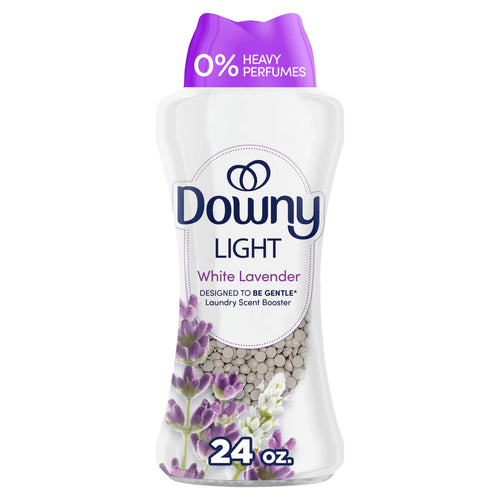 Tall white bottle of Downy Light White Lavender scent beads with lavender flowers and visible beige beads