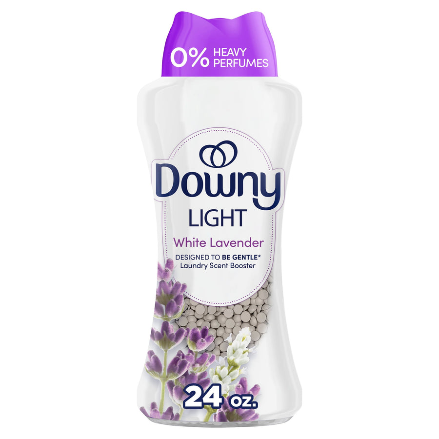 Tall white bottle of Downy Light White Lavender scent beads with lavender flowers and visible beige beads