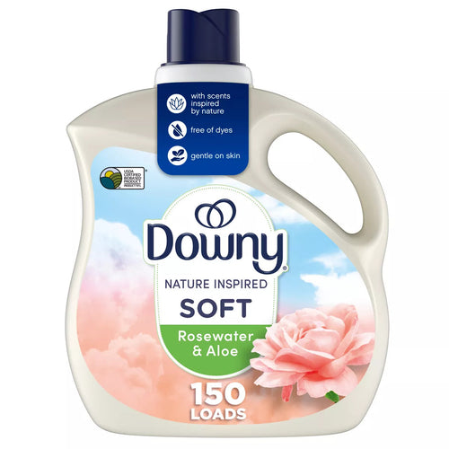Downy Nature Inspired Soft Rosewater & Aloe bottle with soft-cloud label, pink rose and '150 loads' claim