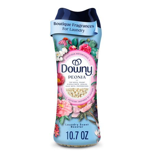 Tall Downy Peonia in-wash scent booster bottle with floral label and blue cap