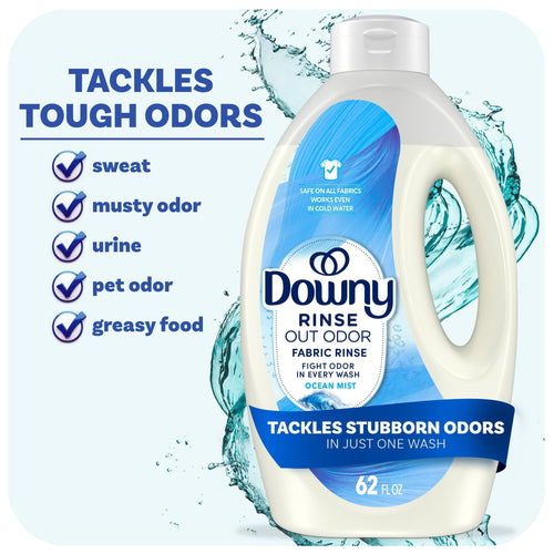 Downy Rinse Out Odor fabric rinse bottle, Ocean Mist, white bottle with blue label and banner reading 'tackles stubborn odors', 62 fl oz visible