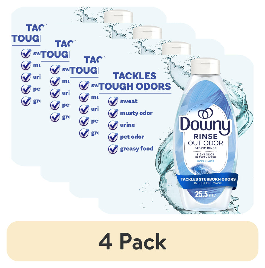 Four overlapping images of a Downy Rinse Out Odor Ocean Mist bottle with water splash graphics and a '4 Pack' label