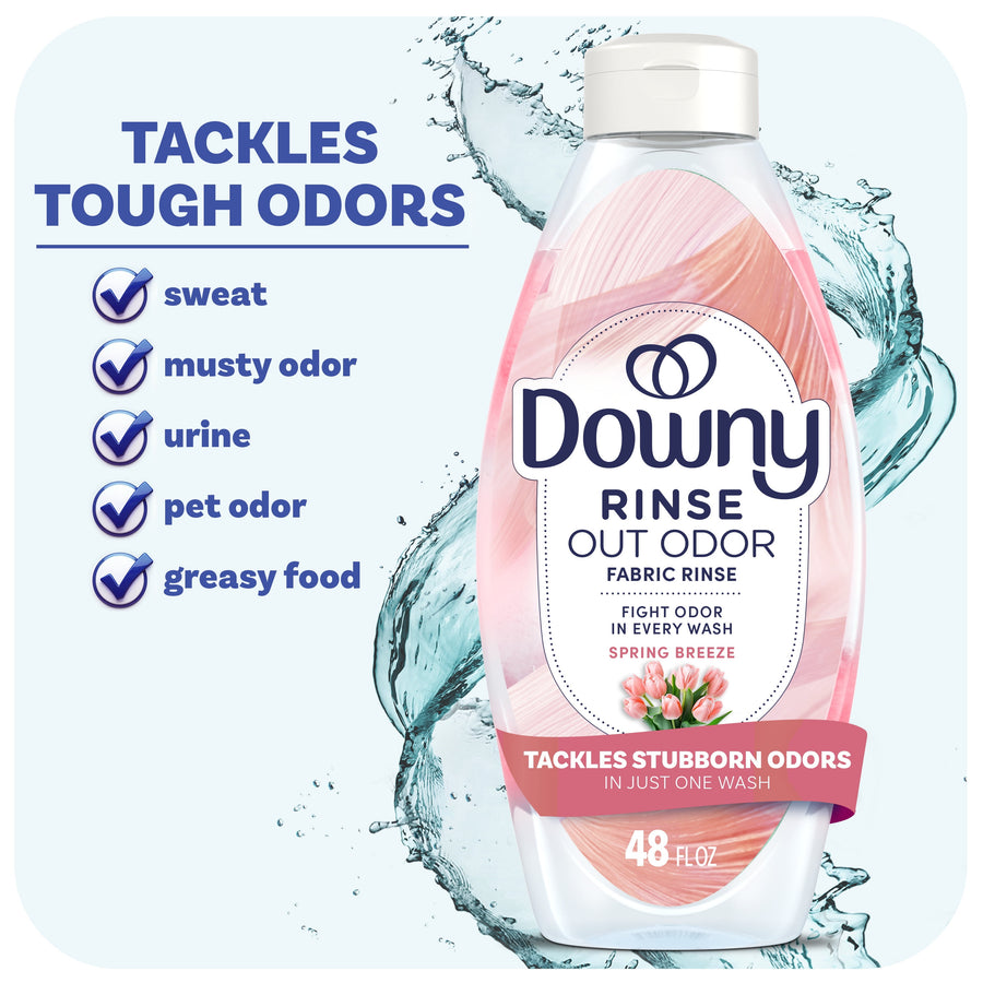 Downy Rinse Out Odor fabric rinse bottle in Spring Breeze design with callout list of tough odors it tackles