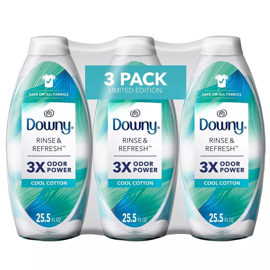 Three Downy Rinse & Refresh Cool Cotton bottles in shrinkwrap with 3 PACK label, front view