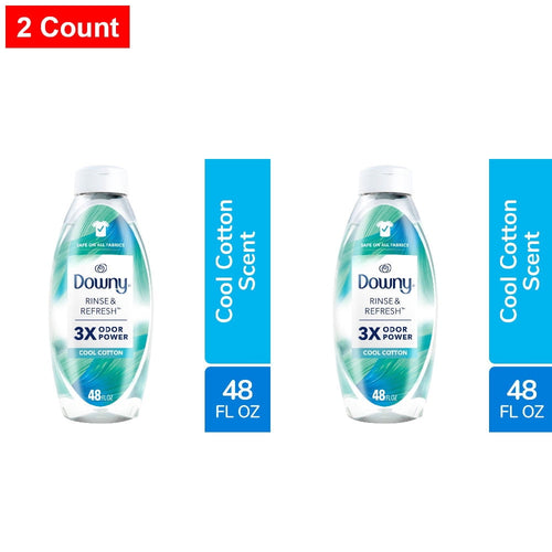 Two clear Downy Rinse & Refresh Cool Cotton bottles with blue-green label and 48 fl oz callouts on white background