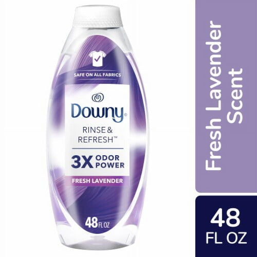 Clear plastic Downy Rinse & Refresh bottle with purple Fresh Lavender label and 48 fl oz shown on white background