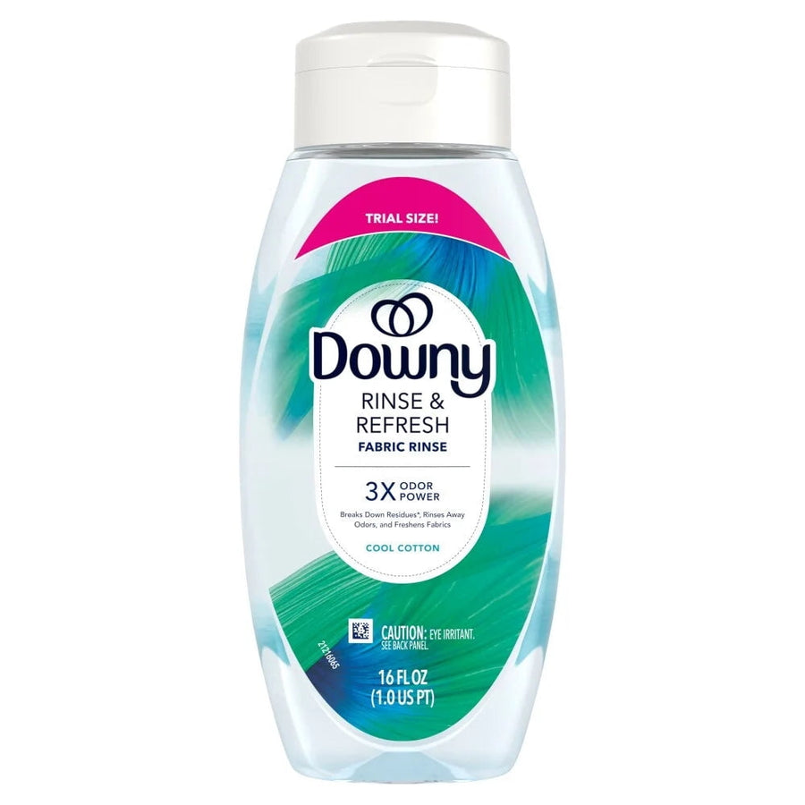 Full front view of Downy Rinse & Refresh Cool Cotton fabric rinse bottle labeled 3X odor power, 16 fl oz