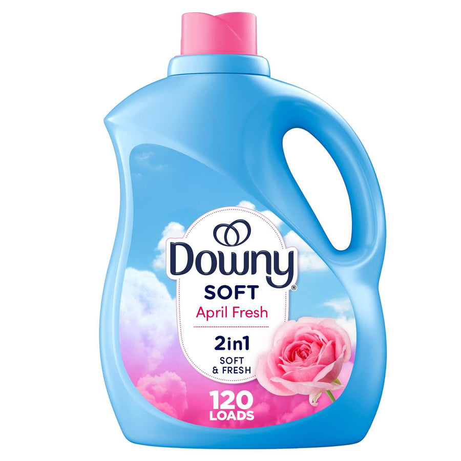 Front view of a blue Downy Soft April Fresh liquid fabric conditioner bottle with pink cap and floral label.