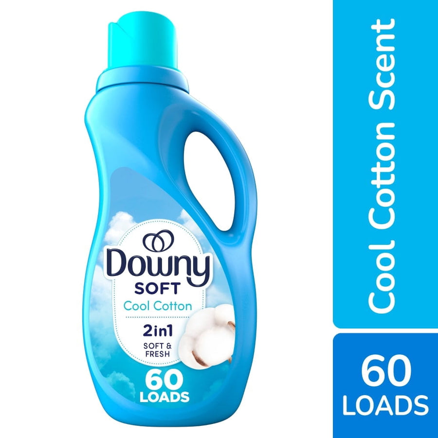 Blue Downy Soft Cool Cotton bottle with label showing cotton flower and '60 loads' badge