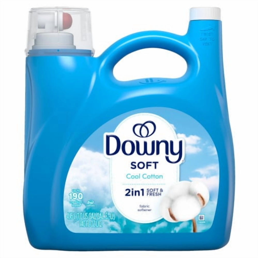Front view of a blue Downy Soft Cool Cotton liquid fabric softener bottle with cotton and cloud label