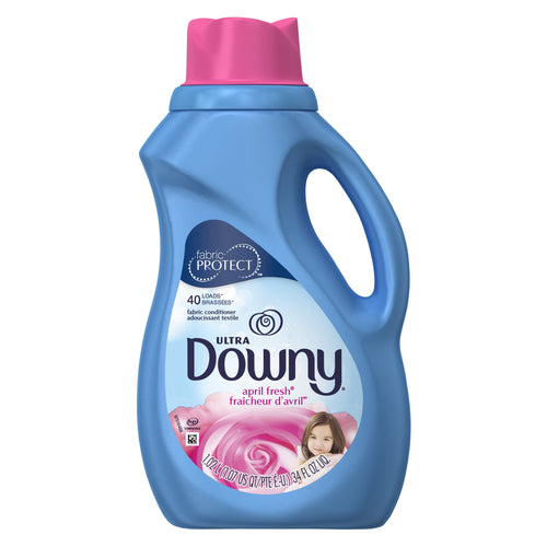 Blue bottle of Ultra Downy April Fresh liquid fabric conditioner with pink cap and rose graphic on label