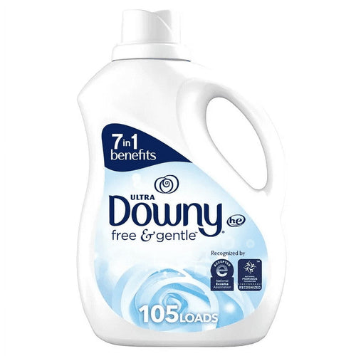 Front of a white Downy Ultra Free & Gentle fabric conditioner bottle showing blue label and '105 LOADS' on the front.