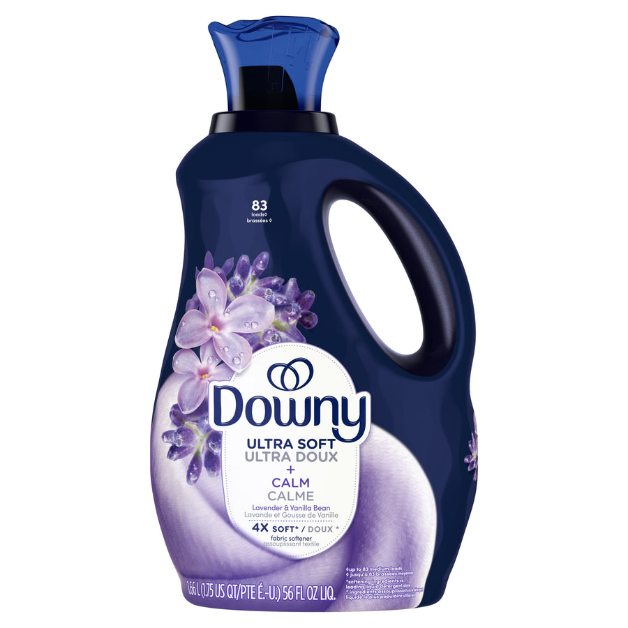 Dark blue Downy Ultra Soft fabric softener bottle labeled Calm with lavender flowers