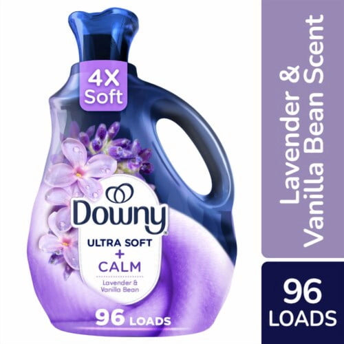 Front-facing Downy Ultra Soft Calm lavender & vanilla bean bottle with floral label and 96 loads callout