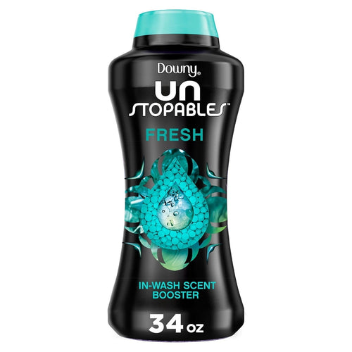 Black bottle of Downy Unstopables Fresh in-wash scent booster with teal cap and droplet bead graphic