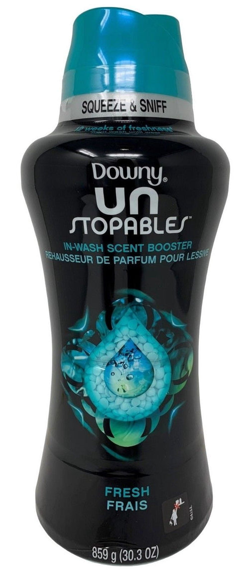 Black bottle of Downy Unstopables in-wash scent booster with turquoise cap and fresh graphic on front.