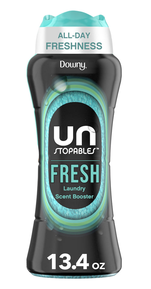 Tall black bottle of Downy Unstopables Fresh in-wash scent booster with teal cap and label
