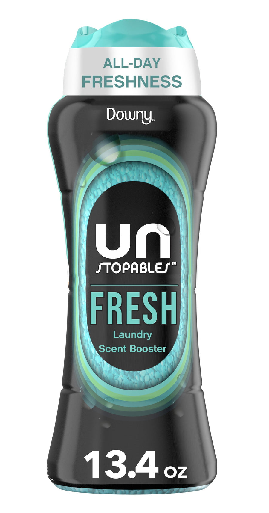 Tall black bottle of Downy Unstopables Fresh in-wash scent booster with teal cap and label