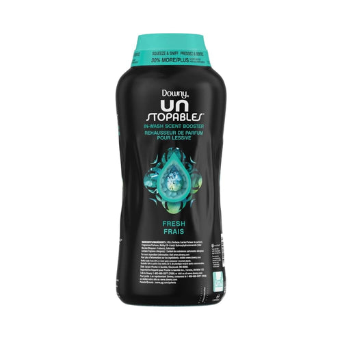 Black Downy Unstopables in-wash scent booster bottle with teal cap and water-drop graphic labeled Fresh