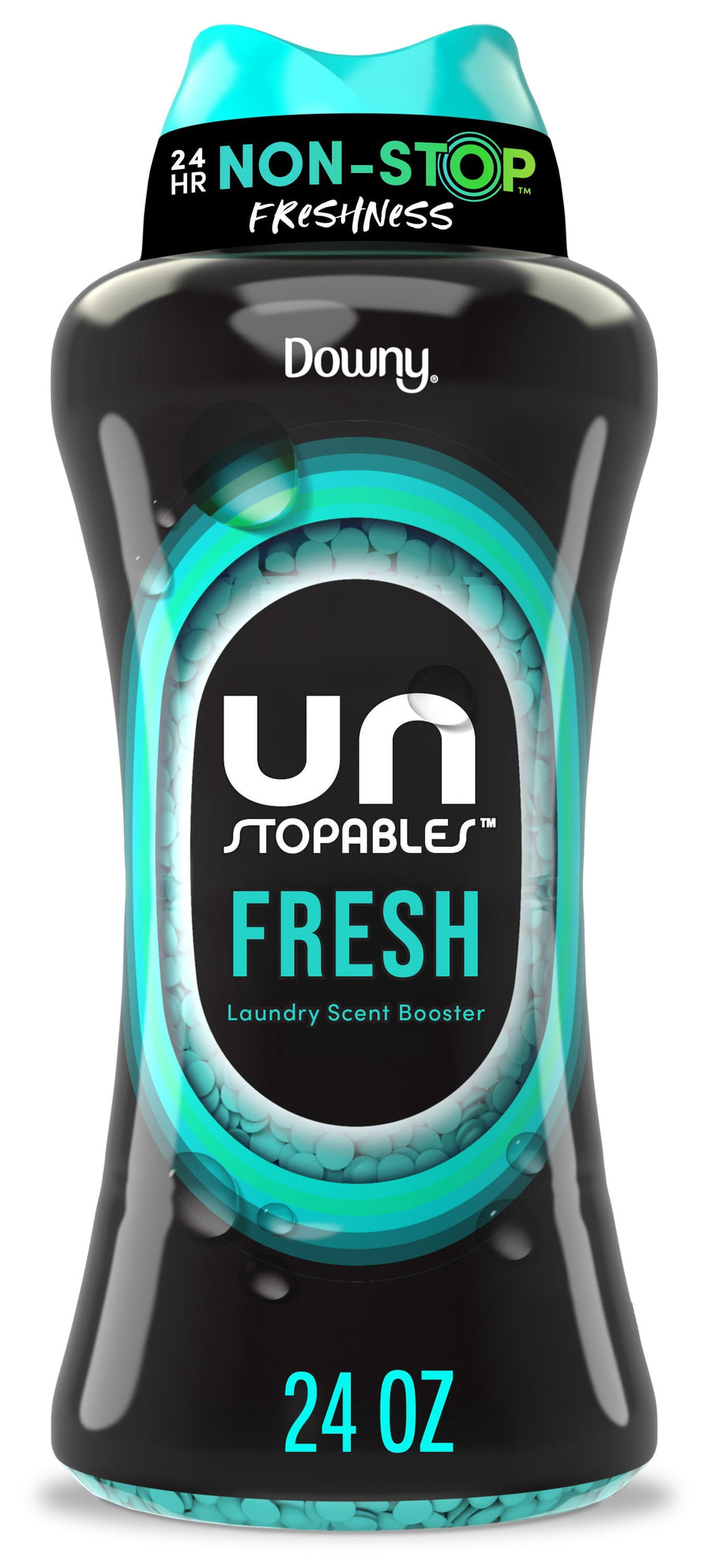 Close-up product shot of a Downy Unstopables Fresh black bottle with teal accents and visible scent beads inside.